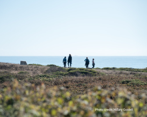Four hikers along Bolinas, CA bluffs.