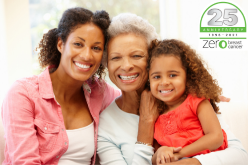 Black mother, grandmother and daughter with ZBC's 25th Anniversary Logo