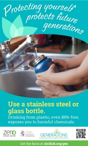 Poster about using glass or stainless steel water bottles, not plastic. 
